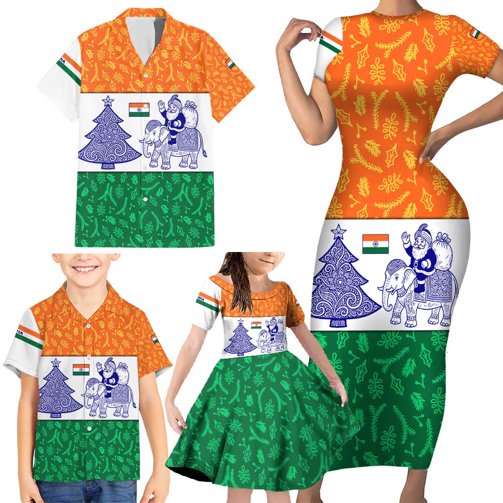 India Christmas Family Matching Short Sleeve Bodycon Dress and Hawaiian Shirt with Elephant Santa Tree Design and Tricolor Holiday Pattern - Wonder Print Shop