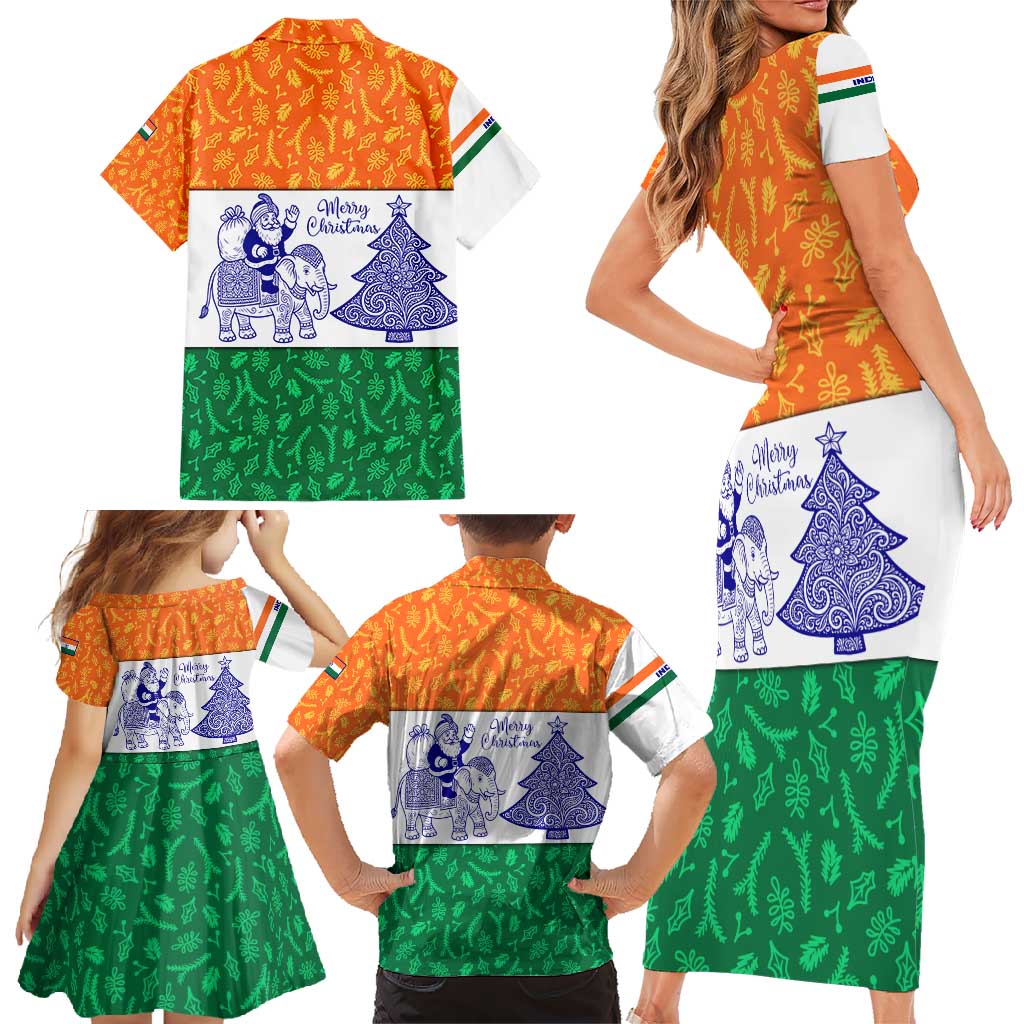 India Christmas Family Matching Short Sleeve Bodycon Dress and Hawaiian Shirt with Elephant Santa Tree Design and Tricolor Holiday Pattern - Wonder Print Shop