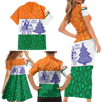 India Christmas Family Matching Short Sleeve Bodycon Dress and Hawaiian Shirt with Elephant Santa Tree Design and Tricolor Holiday Pattern - Wonder Print Shop