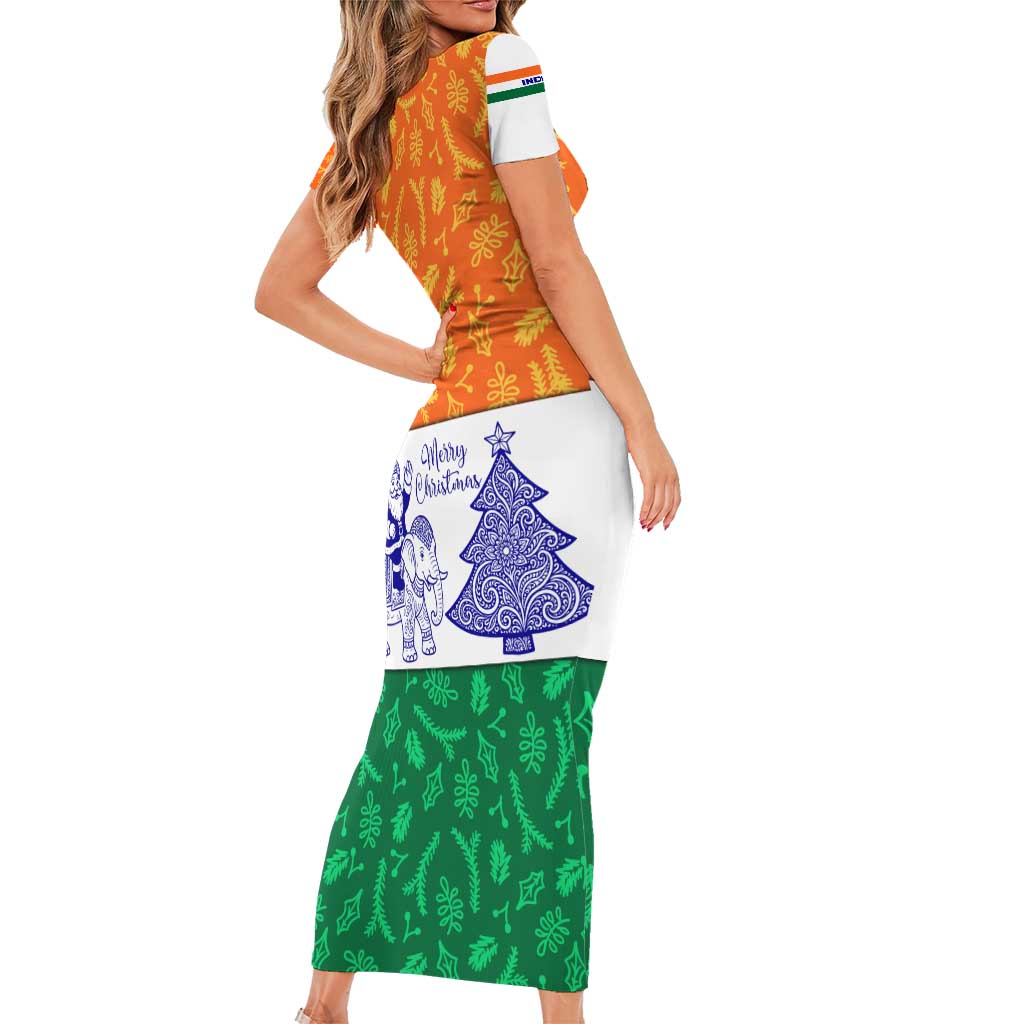 India Christmas Family Matching Short Sleeve Bodycon Dress and Hawaiian Shirt with Elephant Santa Tree Design and Tricolor Holiday Pattern - Wonder Print Shop