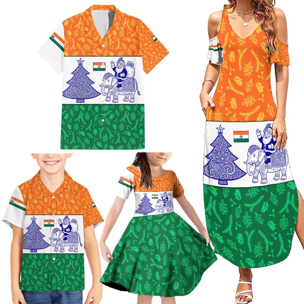 India Christmas Family Matching Summer Maxi Dress and Hawaiian Shirt with Elephant Santa Tree Design and Tricolor Holiday Pattern - Wonder Print Shop