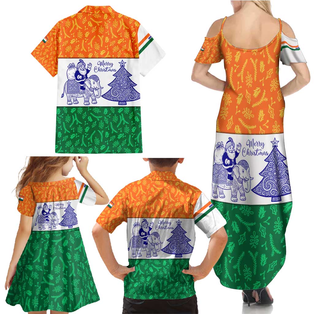 India Christmas Family Matching Summer Maxi Dress and Hawaiian Shirt with Elephant Santa Tree Design and Tricolor Holiday Pattern - Wonder Print Shop