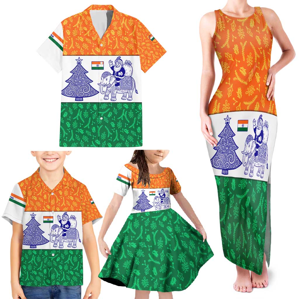 India Christmas Family Matching Tank Maxi Dress and Hawaiian Shirt with Elephant Santa Tree Design and Tricolor Holiday Pattern - Wonder Print Shop