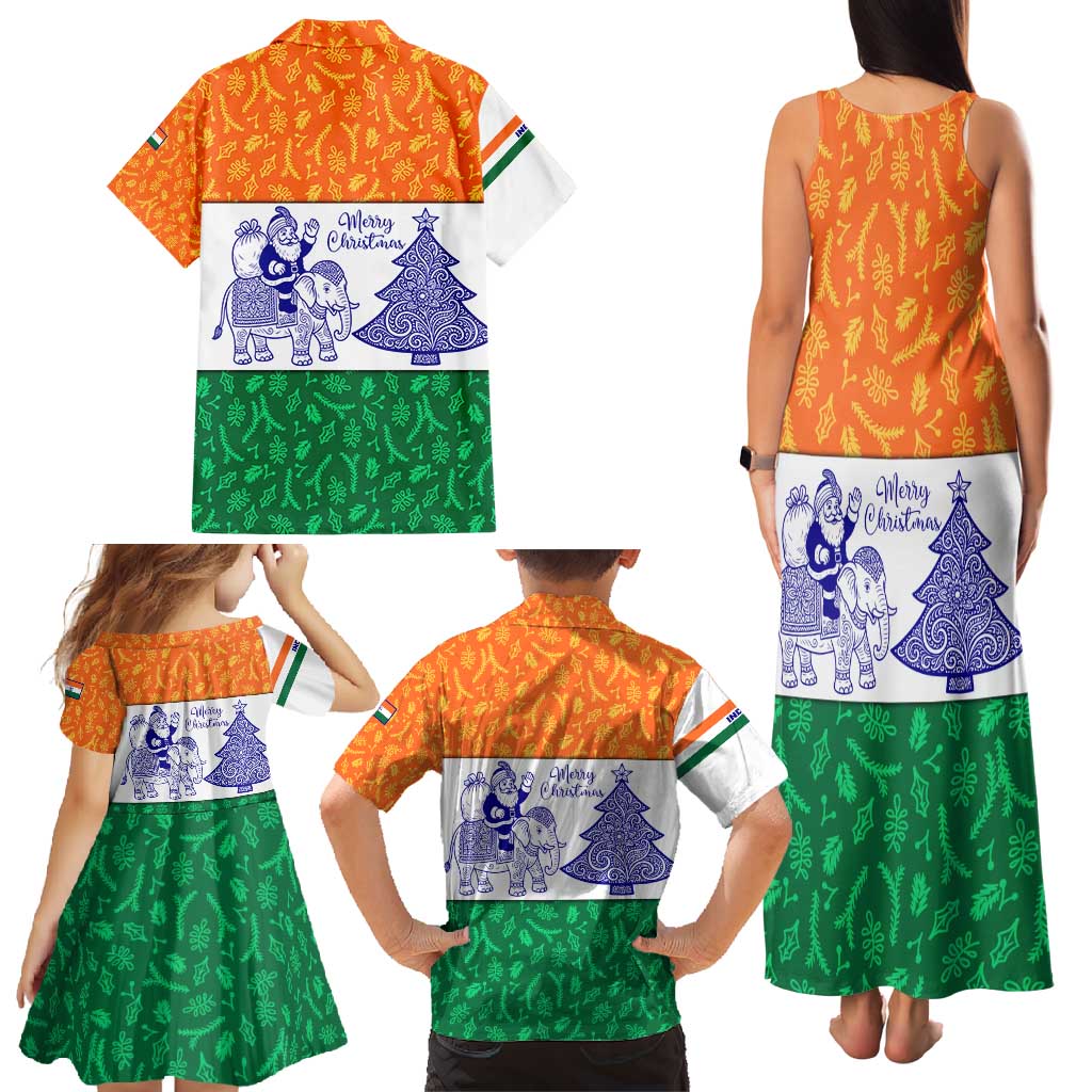 India Christmas Family Matching Tank Maxi Dress and Hawaiian Shirt with Elephant Santa Tree Design and Tricolor Holiday Pattern - Wonder Print Shop