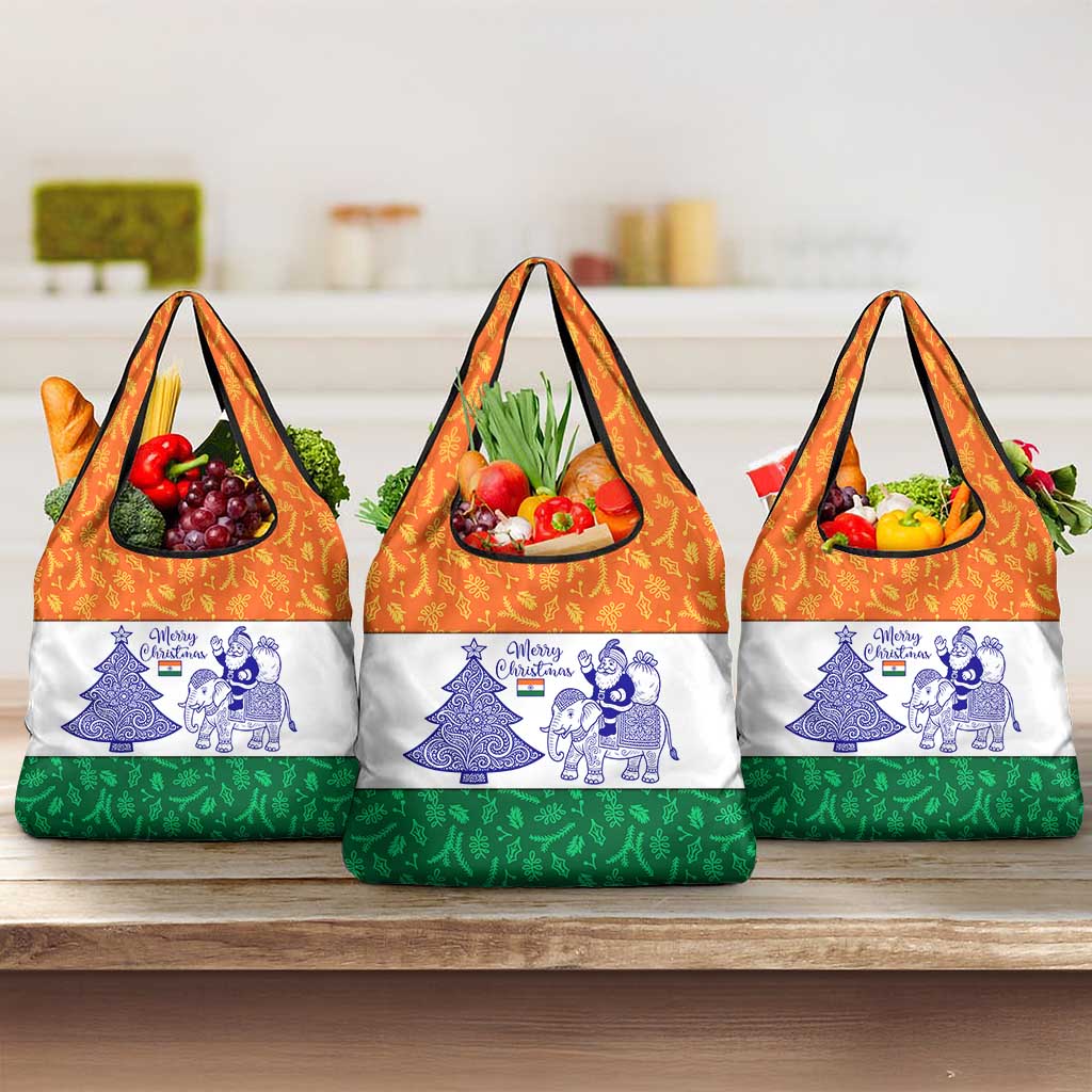 India Christmas Grocery Bag with Elephant Santa Tree Design and Tricolor Holiday Pattern - Wonder Print Shop