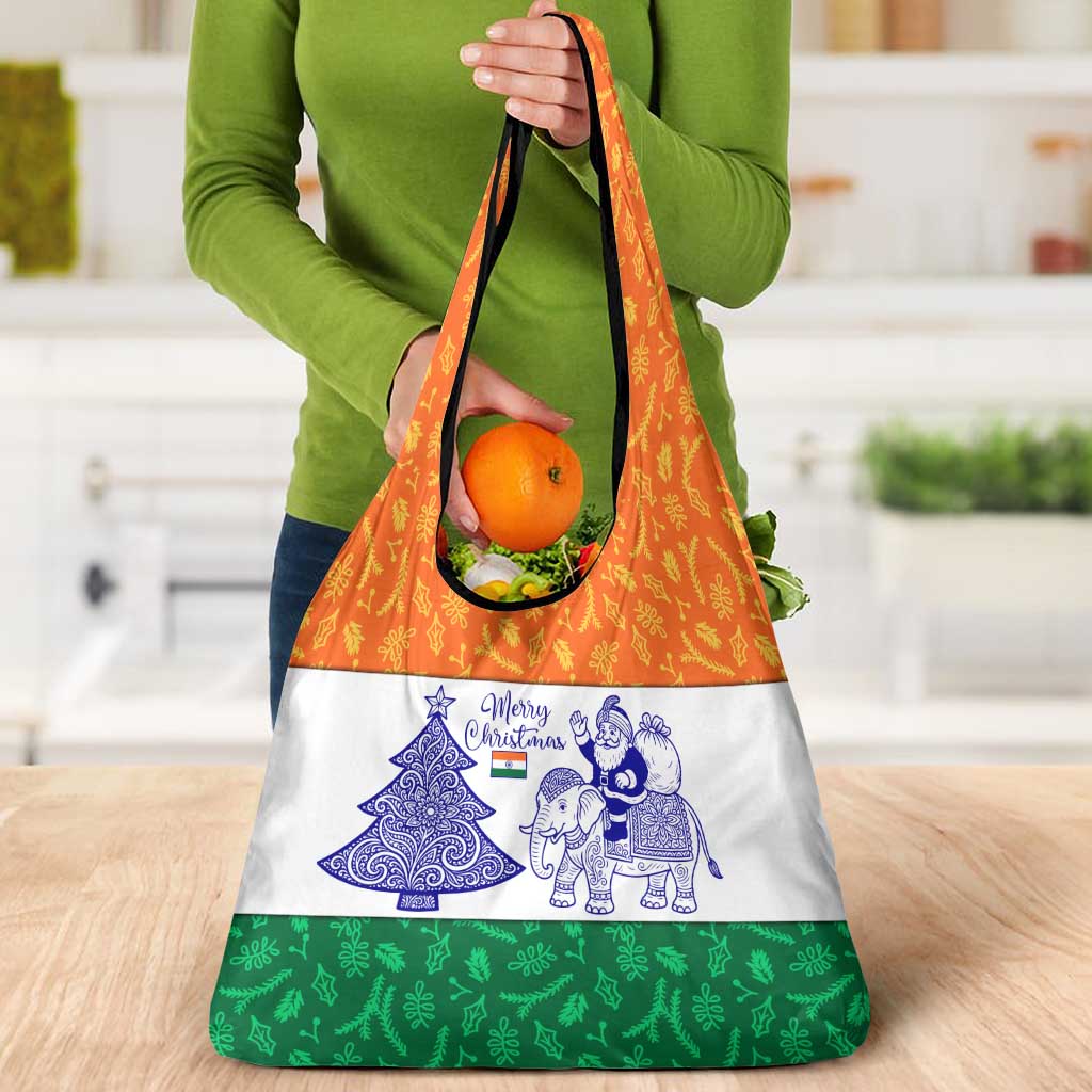 India Christmas Grocery Bag with Elephant Santa Tree Design and Tricolor Holiday Pattern - Wonder Print Shop