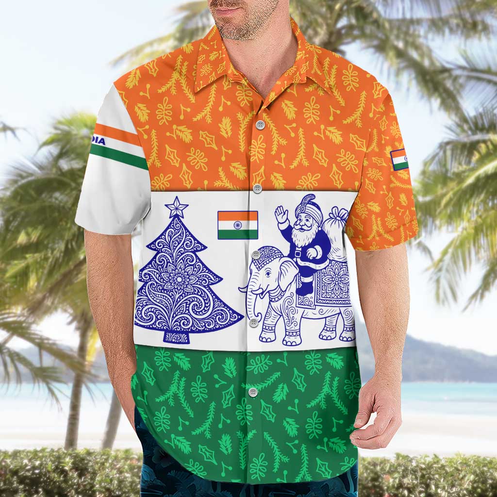 India Christmas Hawaiian Shirt with Elephant Santa Tree Design and Tricolor Holiday Pattern - Wonder Print Shop