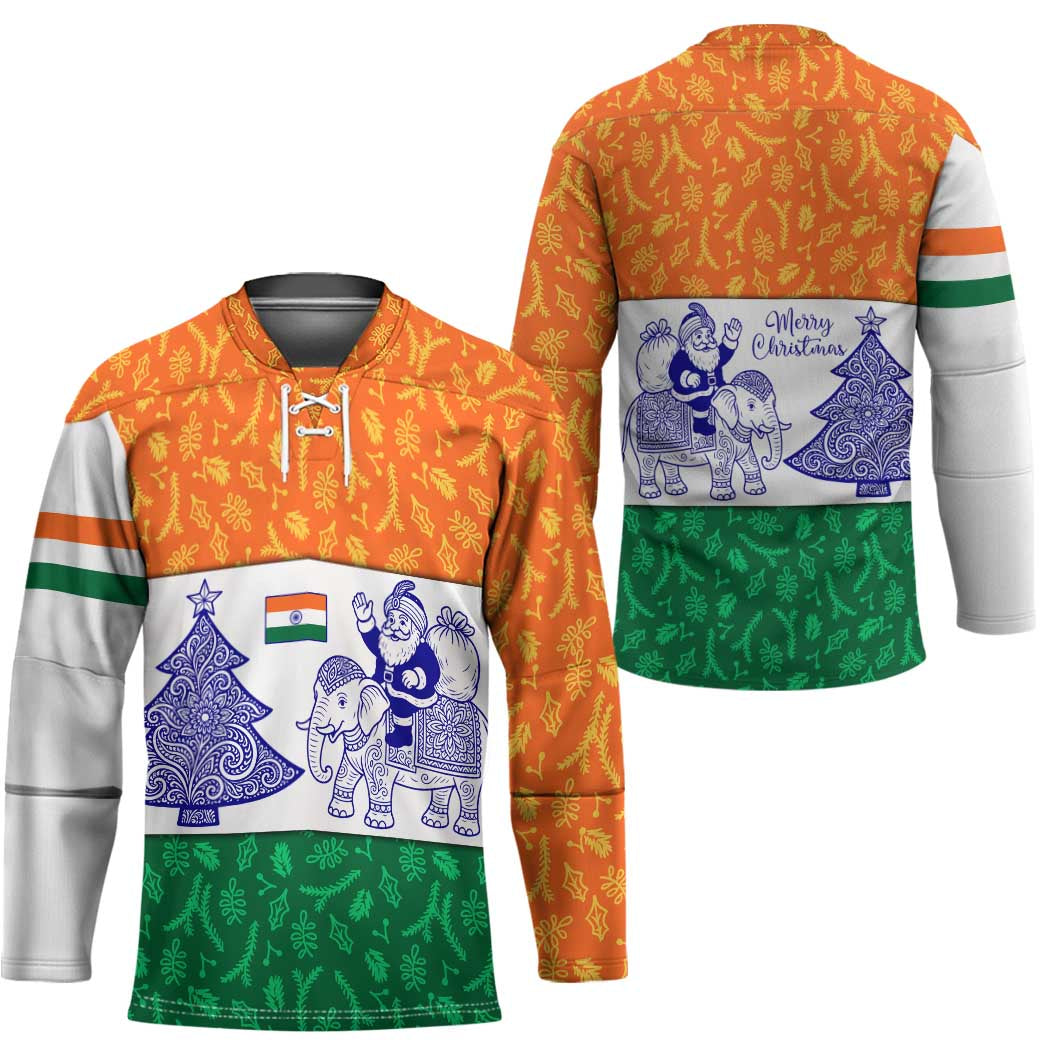 India Christmas Hockey Jersey with Elephant Santa Tree Design and Tricolor Holiday Pattern - Wonder Print Shop