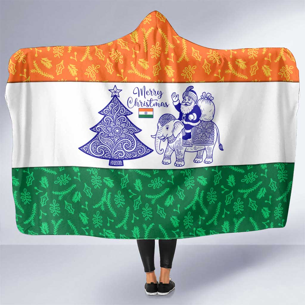 India Christmas Hooded Blanket with Elephant Santa Tree Design and Tricolor Holiday Pattern - Wonder Print Shop