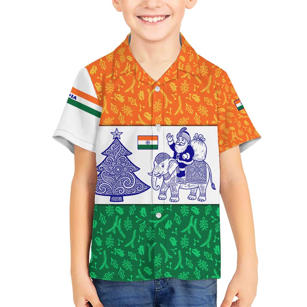 India Christmas Kid Hawaiian Shirt with Elephant Santa Tree Design and Tricolor Holiday Pattern - Wonder Print Shop