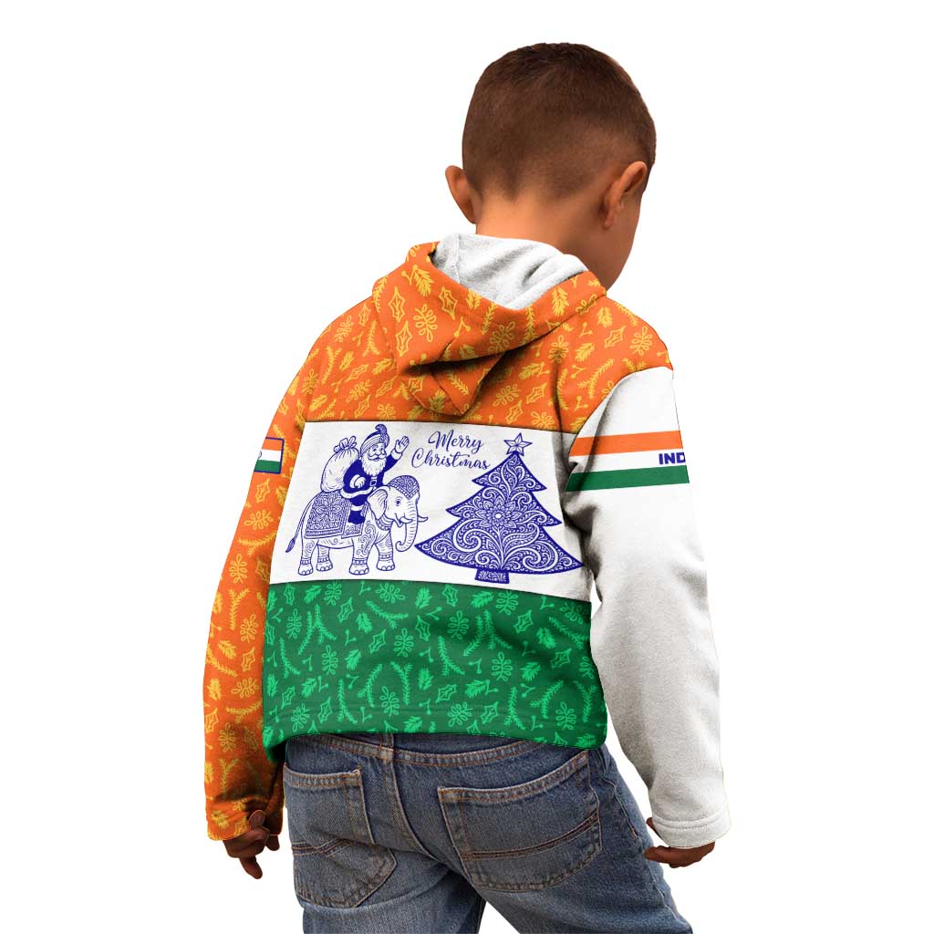 India Christmas Kid Hoodie with Elephant Santa Tree Design and Tricolor Holiday Pattern - Wonder Print Shop