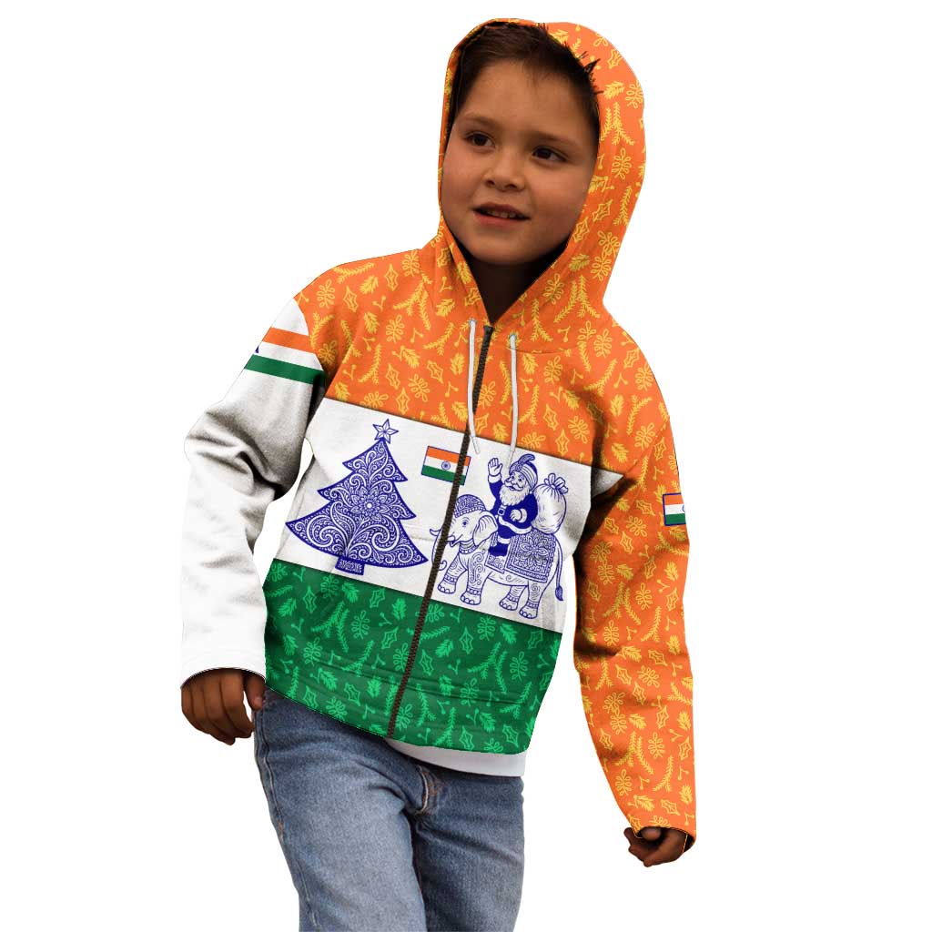 India Christmas Kid Hoodie with Elephant Santa Tree Design and Tricolor Holiday Pattern - Wonder Print Shop