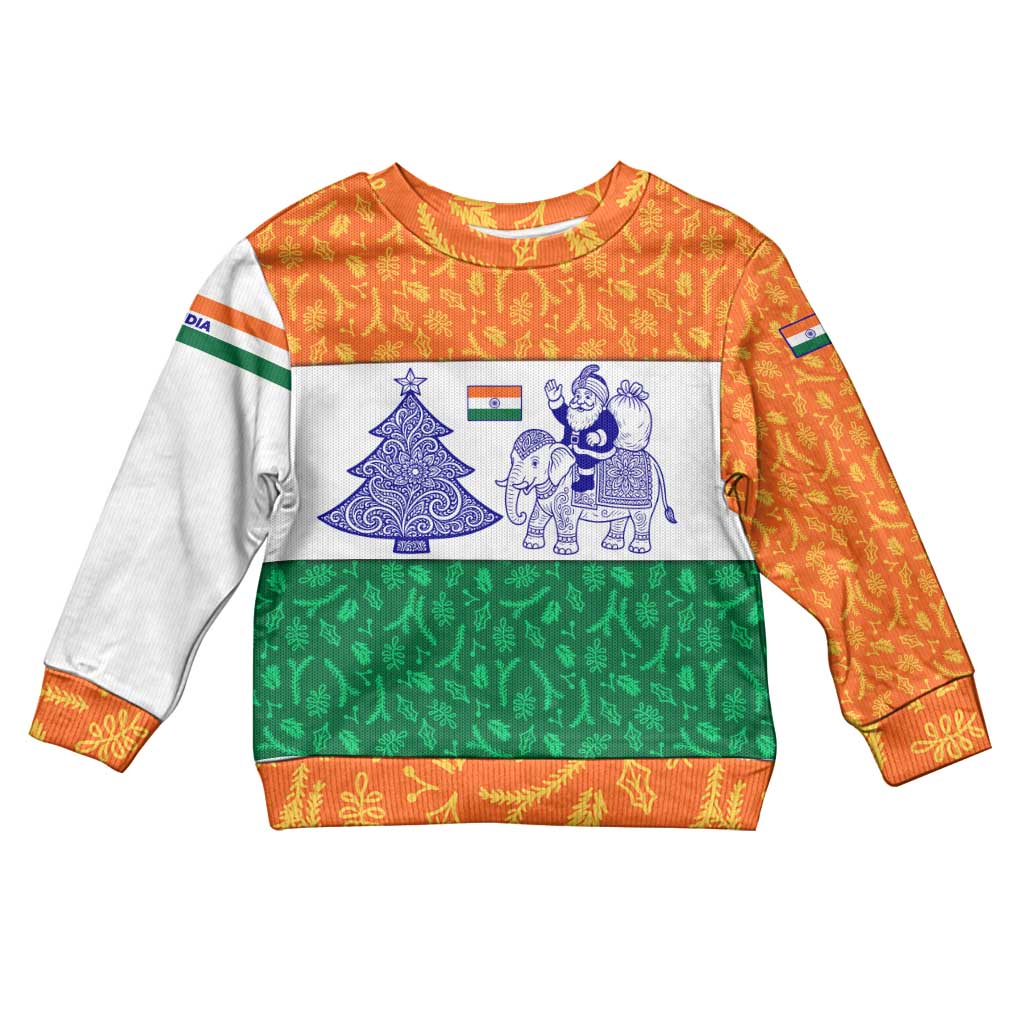 India Christmas Kid Ugly Christmas Sweater with Elephant Santa Tree Design and Tricolor Holiday Pattern - Wonder Print Shop