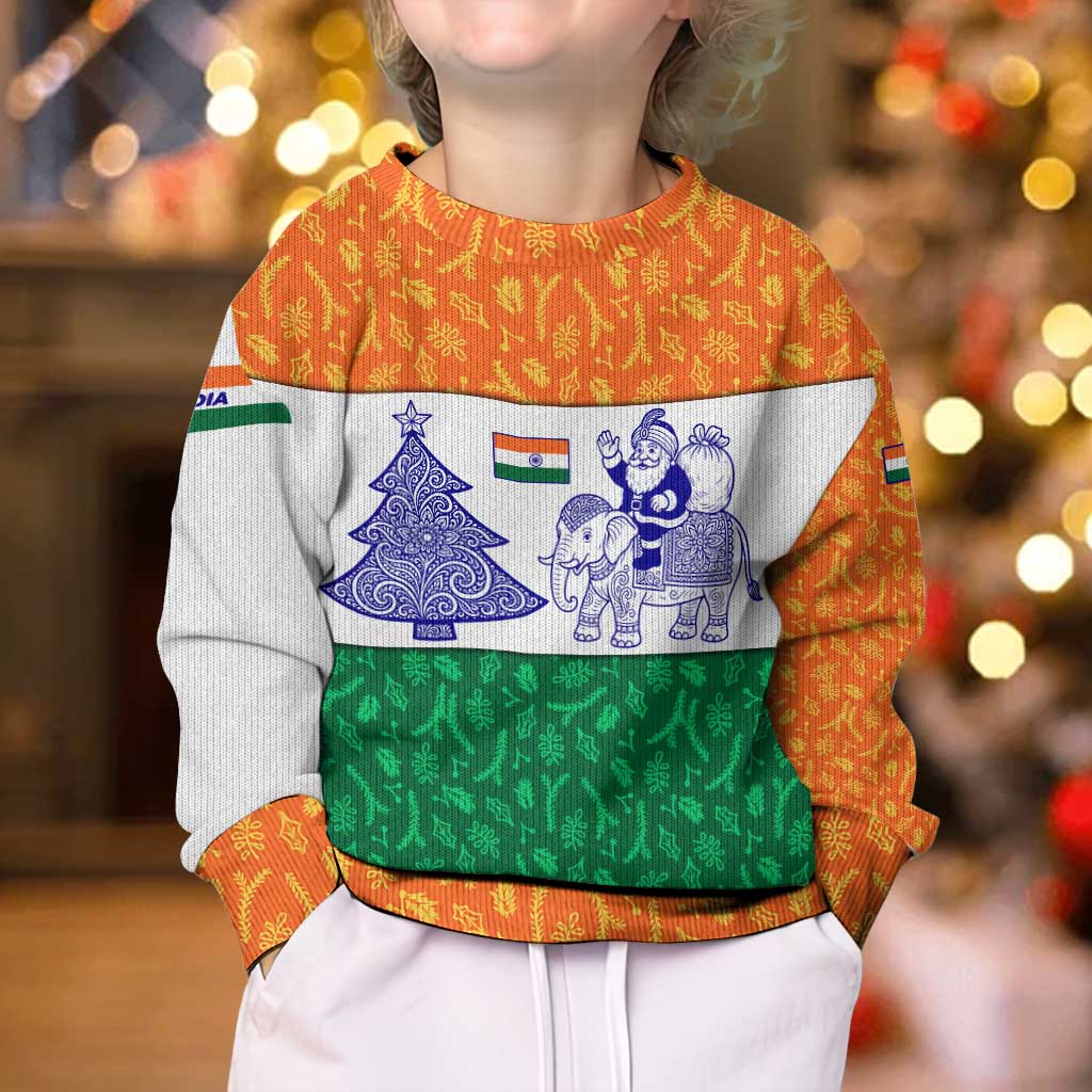 India Christmas Kid Ugly Christmas Sweater with Elephant Santa Tree Design and Tricolor Holiday Pattern - Wonder Print Shop