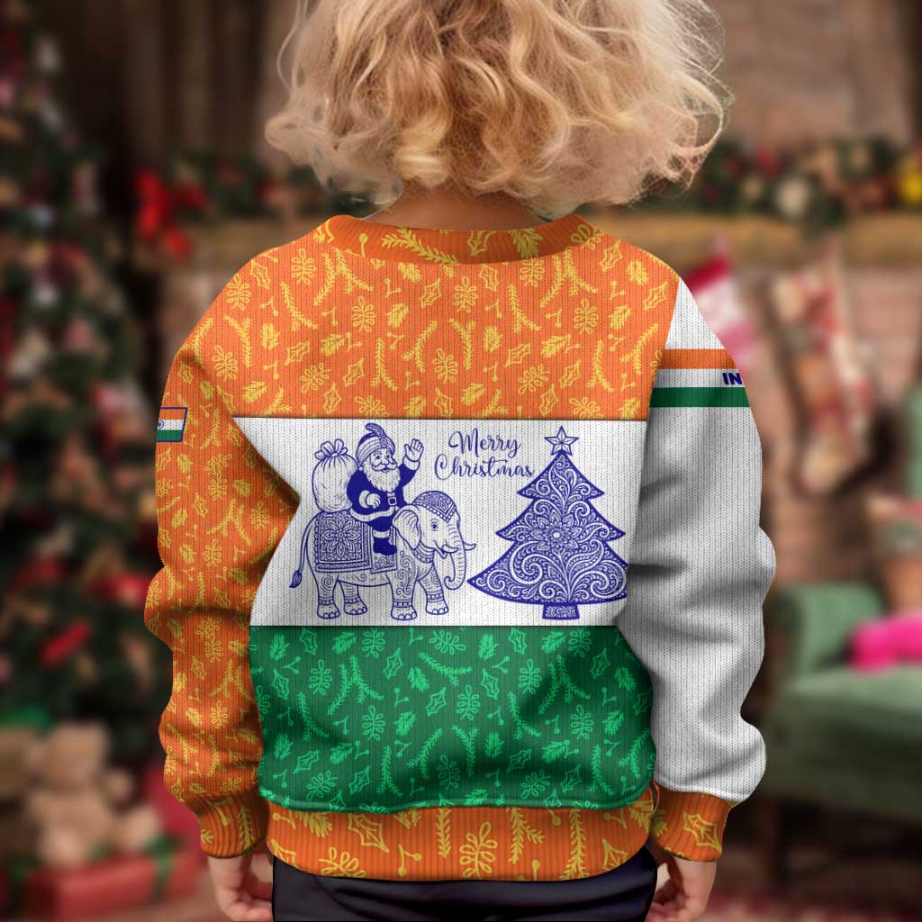 India Christmas Kid Ugly Christmas Sweater with Elephant Santa Tree Design and Tricolor Holiday Pattern - Wonder Print Shop