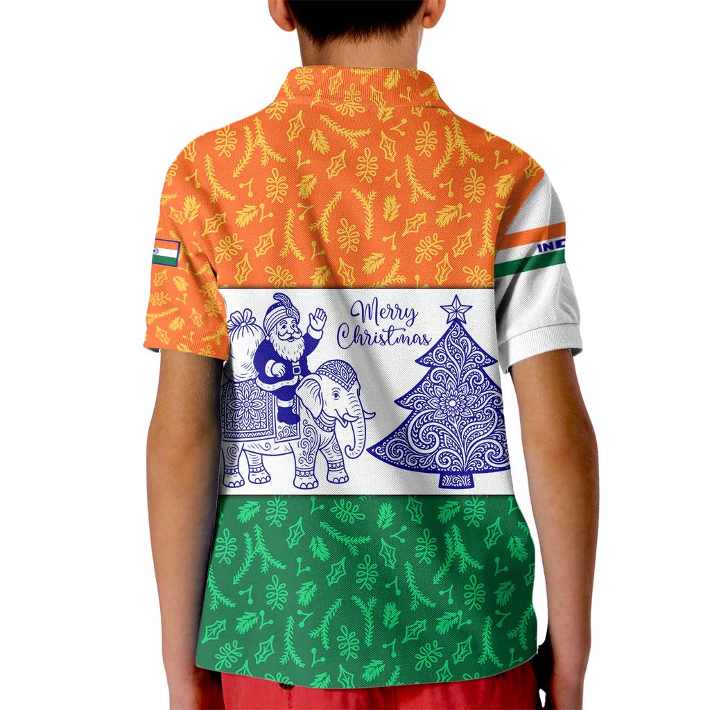 India Christmas Kid Polo Shirt with Elephant Santa Tree Design and Tricolor Holiday Pattern - Wonder Print Shop