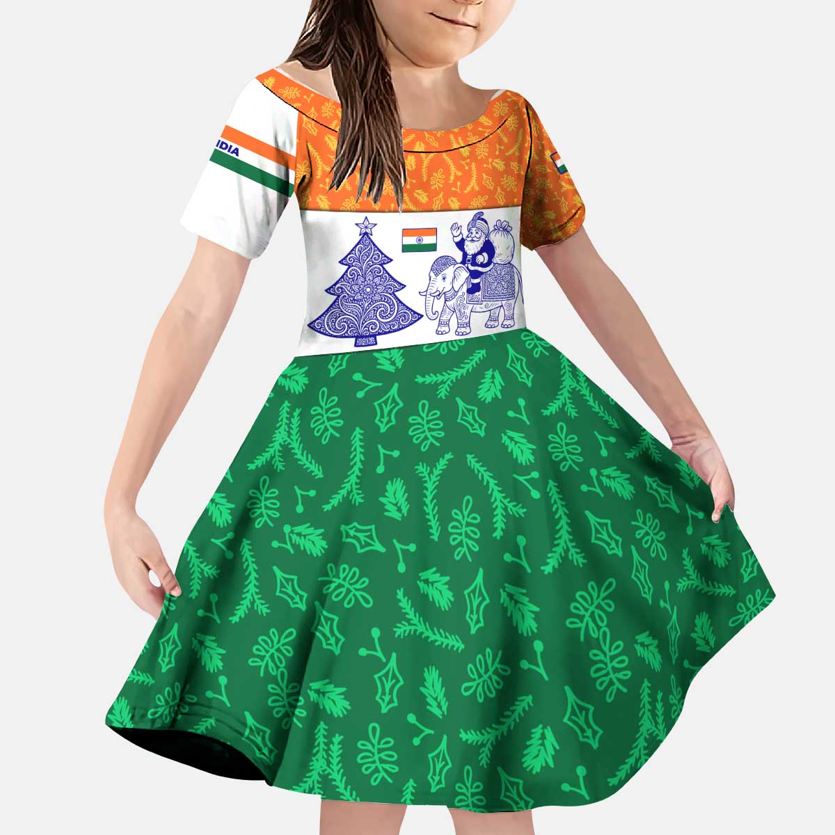 India Christmas Kid Short Sleeve Dress with Elephant Santa Tree Design and Tricolor Holiday Pattern - Wonder Print Shop