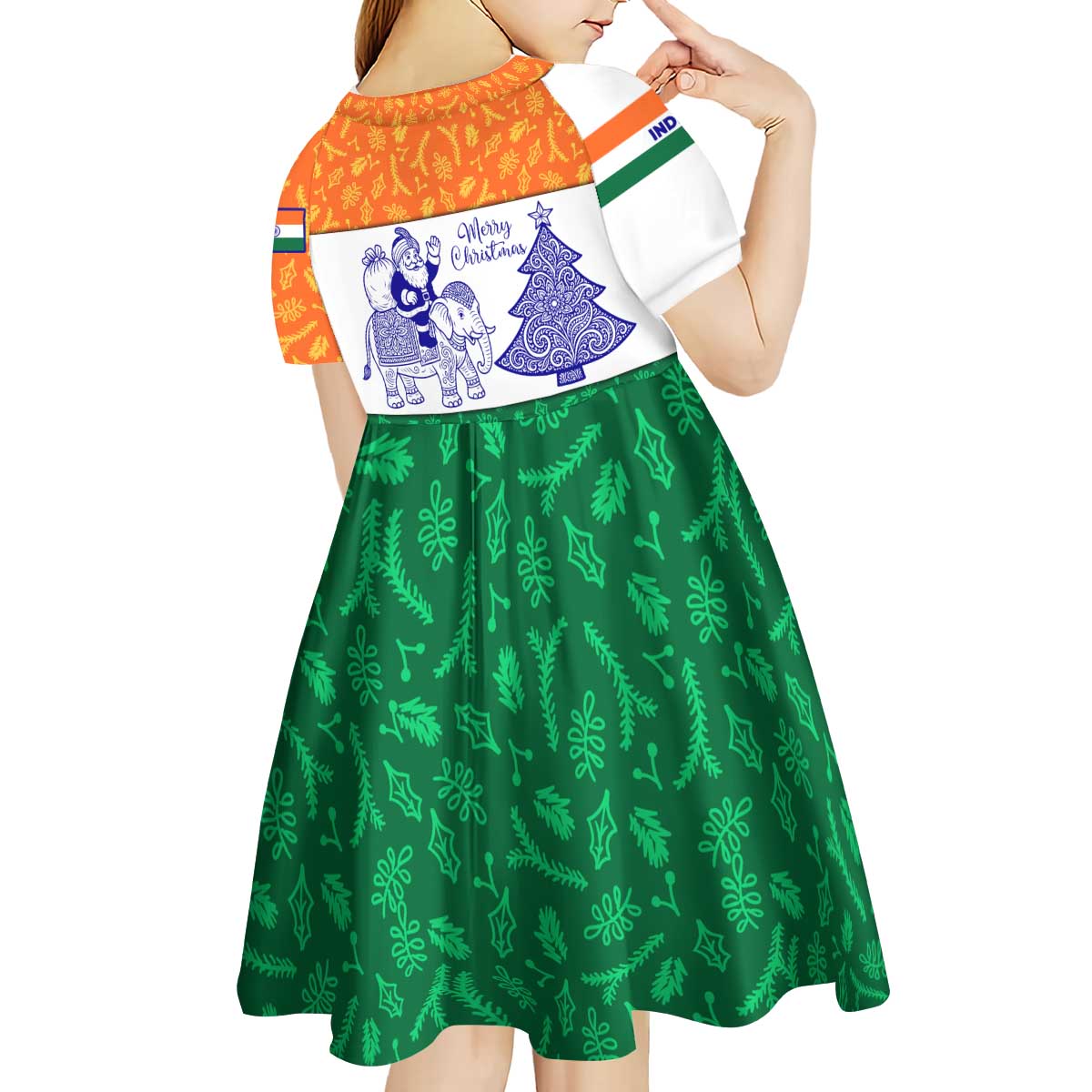 India Christmas Kid Short Sleeve Dress with Elephant Santa Tree Design and Tricolor Holiday Pattern - Wonder Print Shop
