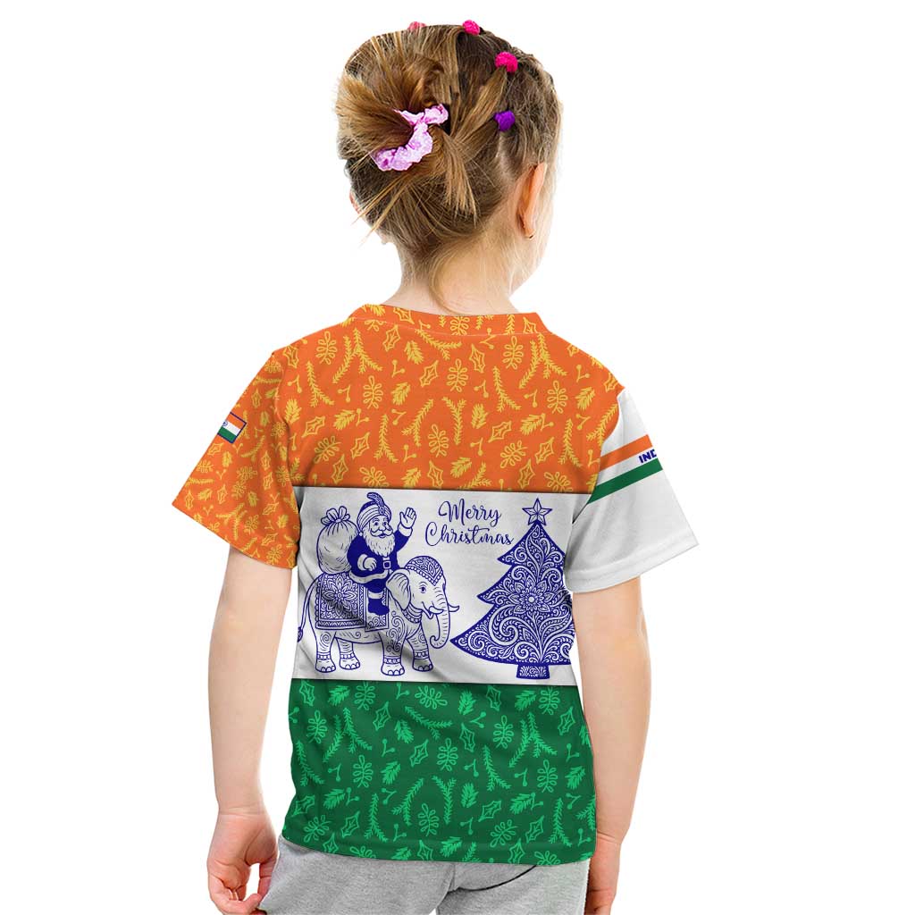 India Christmas Kid T Shirt with Elephant Santa Tree Design and Tricolor Holiday Pattern - Wonder Print Shop