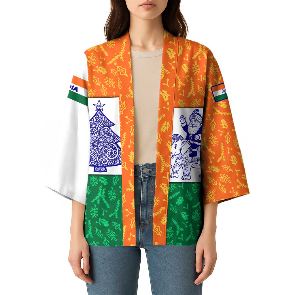 India Christmas Kimono with Elephant Santa Tree Design and Tricolor Holiday Pattern - Wonder Print Shop