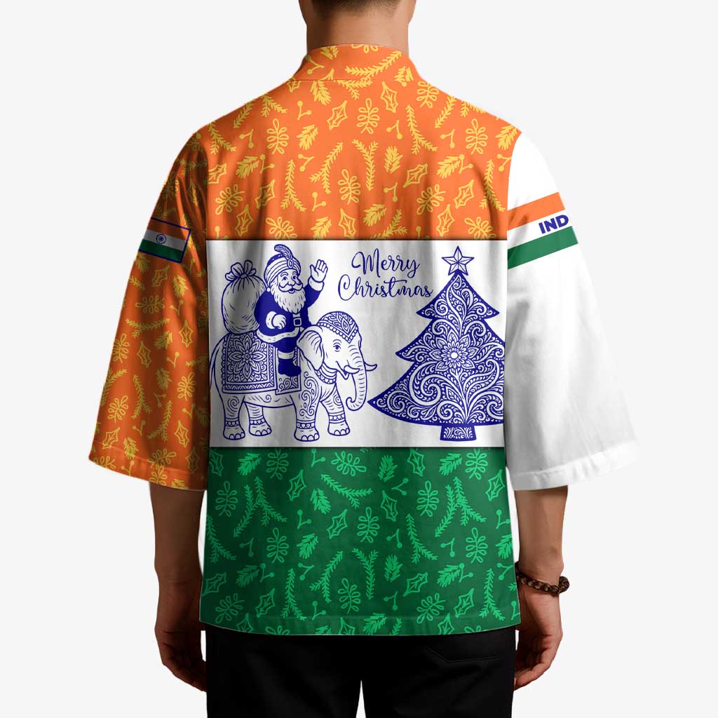 India Christmas Kimono with Elephant Santa Tree Design and Tricolor Holiday Pattern - Wonder Print Shop