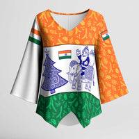 India Christmas Kimono Sleeve Blouse with Elephant Santa Tree Design and Tricolor Holiday Pattern - Wonder Print Shop