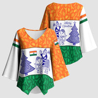 India Christmas Kimono Sleeve Blouse with Elephant Santa Tree Design and Tricolor Holiday Pattern - Wonder Print Shop