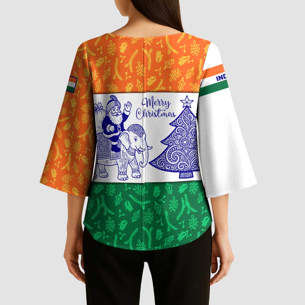 India Christmas Kimono Sleeve Blouse with Elephant Santa Tree Design and Tricolor Holiday Pattern - Wonder Print Shop