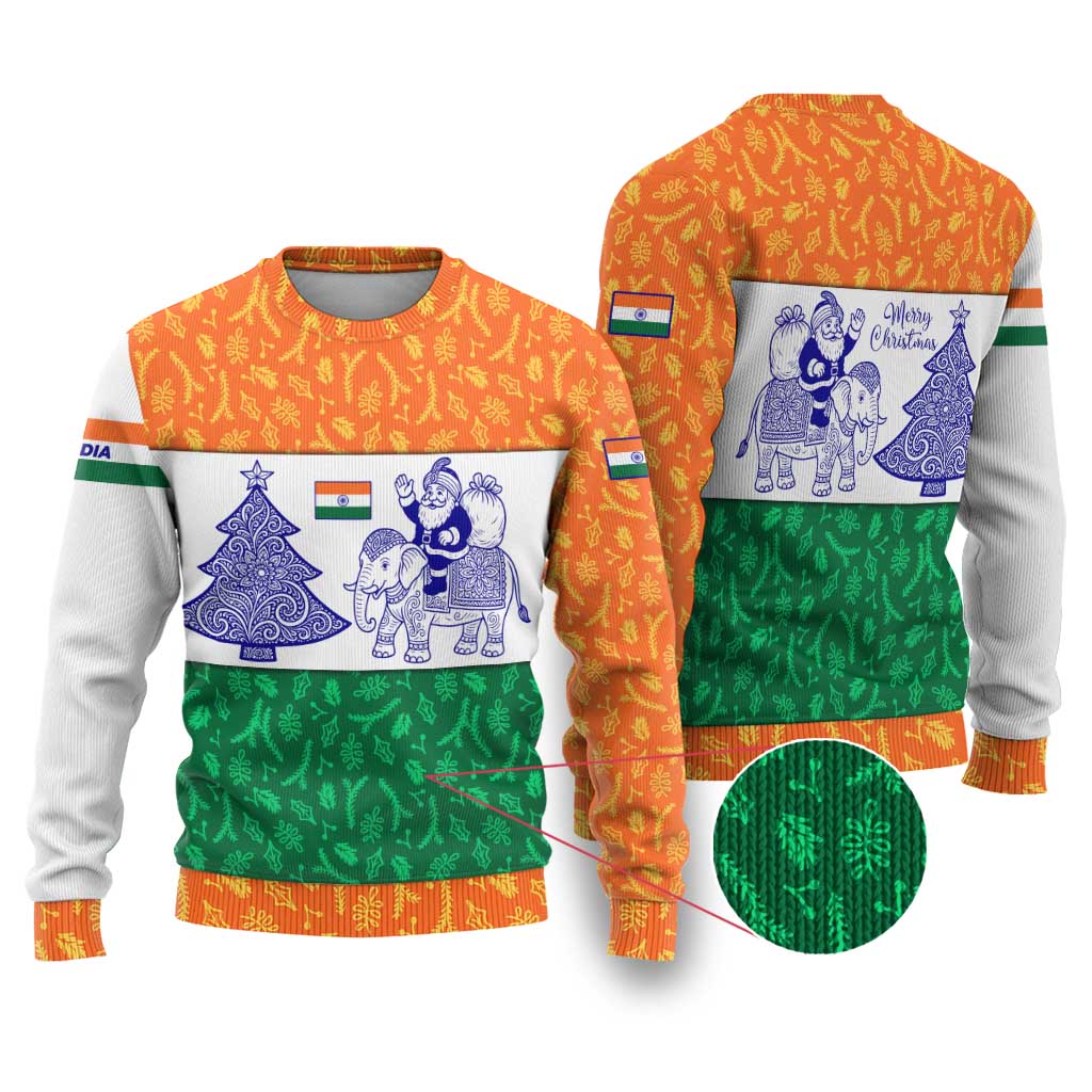 India Christmas Ugly Christmas Sweater with Elephant Santa Tree Design and Tricolor Holiday Pattern - Wonder Print Shop