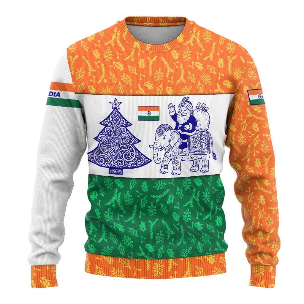 India Christmas Ugly Christmas Sweater with Elephant Santa Tree Design and Tricolor Holiday Pattern - Wonder Print Shop