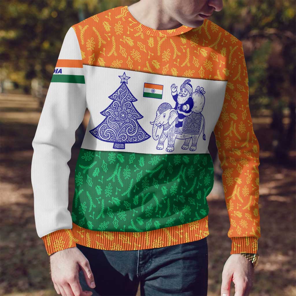 India Christmas Ugly Christmas Sweater with Elephant Santa Tree Design and Tricolor Holiday Pattern - Wonder Print Shop