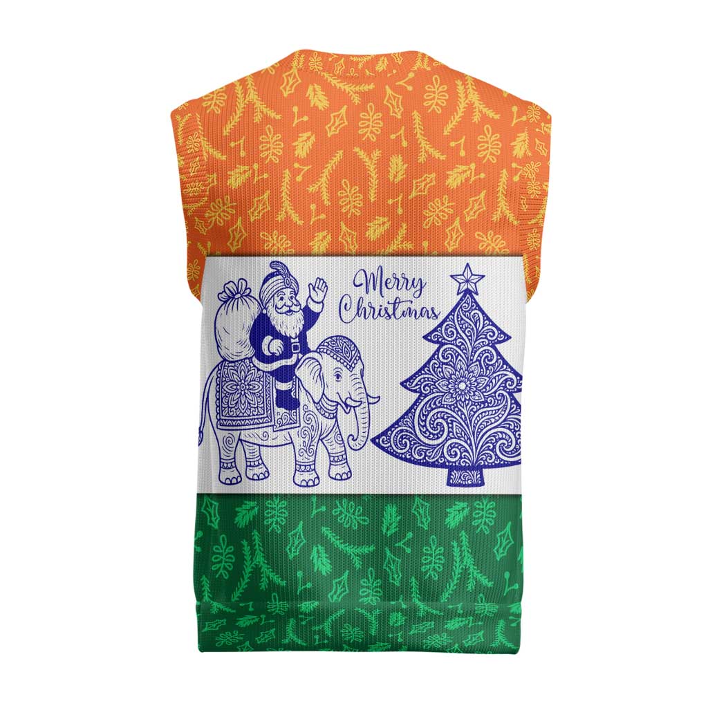India Christmas Knitted V-Neck Vest with Elephant Santa Tree Design and Tricolor Holiday Pattern - Wonder Print Shop