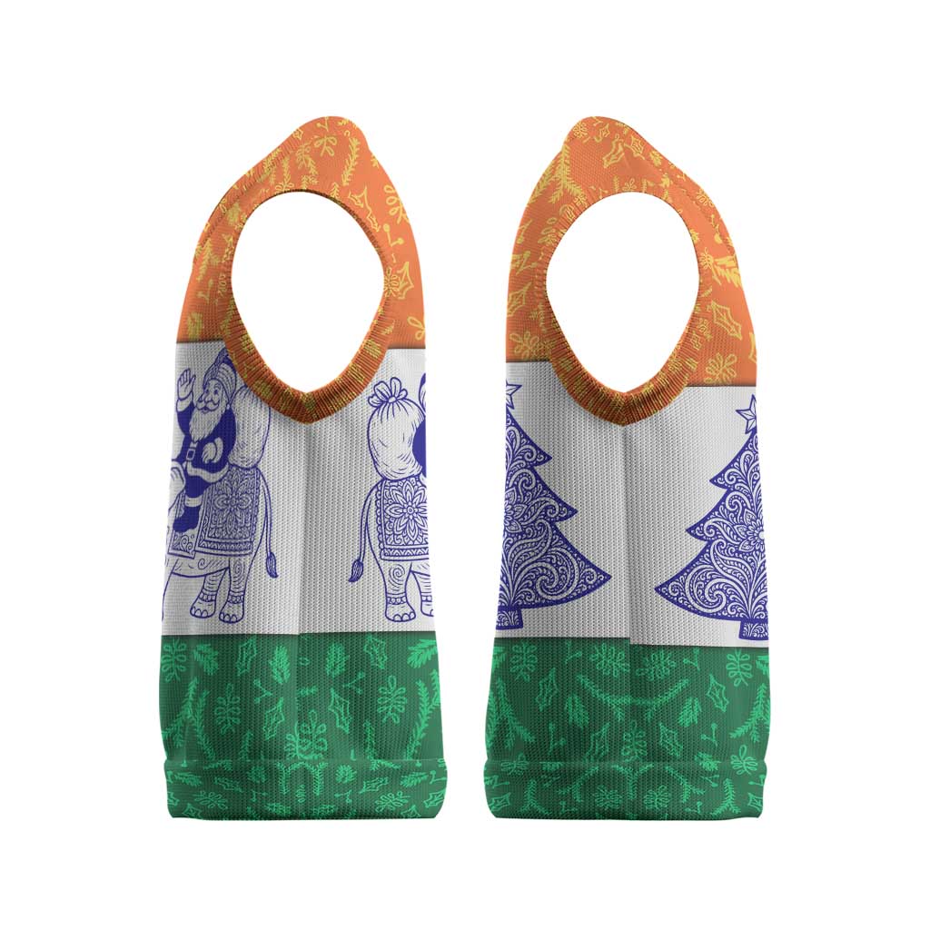 India Christmas Knitted V-Neck Vest with Elephant Santa Tree Design and Tricolor Holiday Pattern - Wonder Print Shop