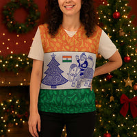 India Christmas Knitted V-Neck Vest with Elephant Santa Tree Design and Tricolor Holiday Pattern - Wonder Print Shop