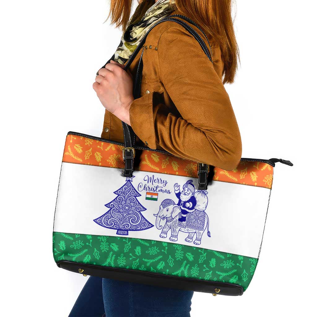 India Christmas Leather Tote Bag with Elephant Santa Tree Design and Tricolor Holiday Pattern - Wonder Print Shop
