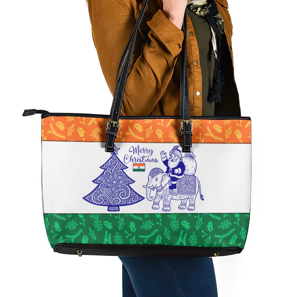 India Christmas Leather Tote Bag with Elephant Santa Tree Design and Tricolor Holiday Pattern - Wonder Print Shop