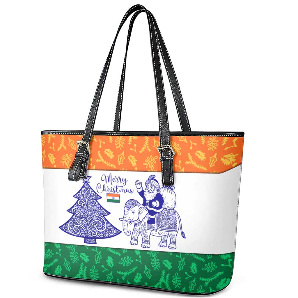 India Christmas Leather Tote Bag with Elephant Santa Tree Design and Tricolor Holiday Pattern - Wonder Print Shop