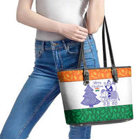 India Christmas Leather Tote Bag with Elephant Santa Tree Design and Tricolor Holiday Pattern - Wonder Print Shop
