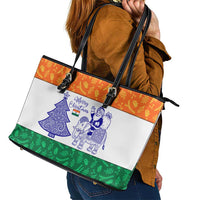 India Christmas Leather Tote Bag with Elephant Santa Tree Design and Tricolor Holiday Pattern - Wonder Print Shop
