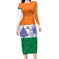 India Christmas Long Sleeve Bodycon Dress with Elephant Santa Tree Design and Tricolor Holiday Pattern - Wonder Print Shop