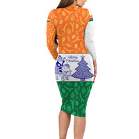 India Christmas Long Sleeve Bodycon Dress with Elephant Santa Tree Design and Tricolor Holiday Pattern - Wonder Print Shop