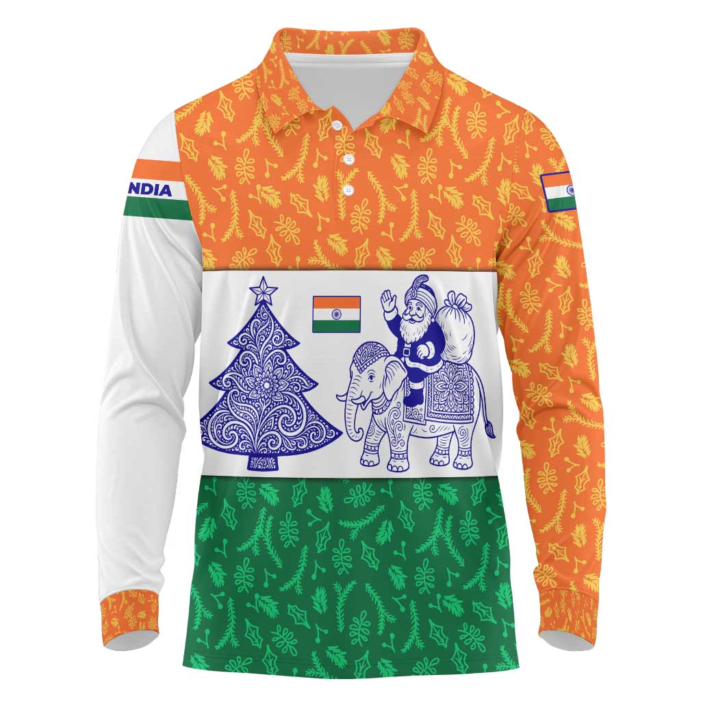 India Christmas Long Sleeve Polo Shirt with Elephant Santa Tree Design and Tricolor Holiday Pattern - Wonder Print Shop