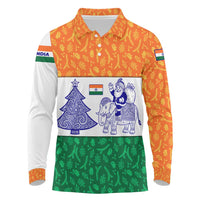 India Christmas Long Sleeve Polo Shirt with Elephant Santa Tree Design and Tricolor Holiday Pattern - Wonder Print Shop