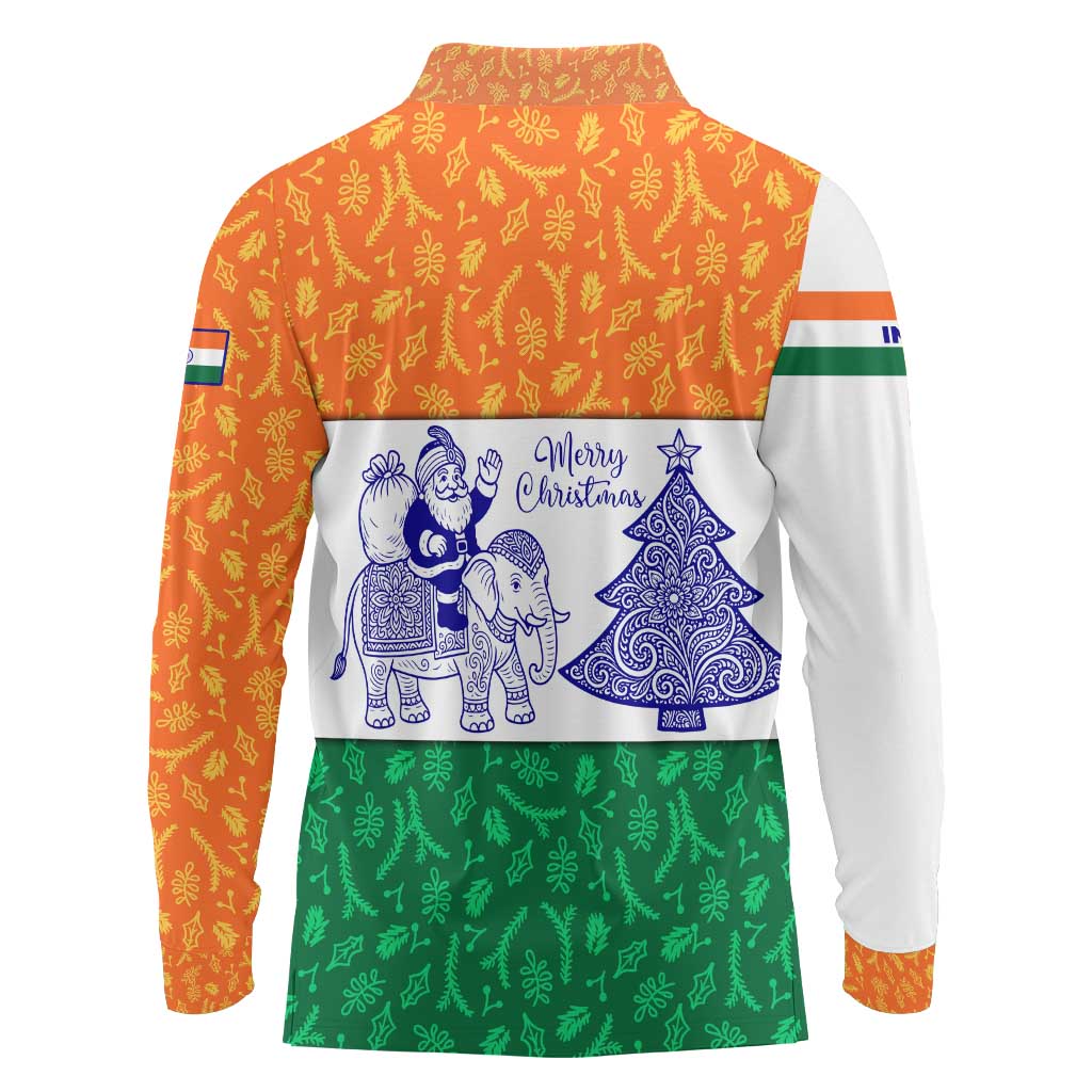 India Christmas Long Sleeve Polo Shirt with Elephant Santa Tree Design and Tricolor Holiday Pattern - Wonder Print Shop