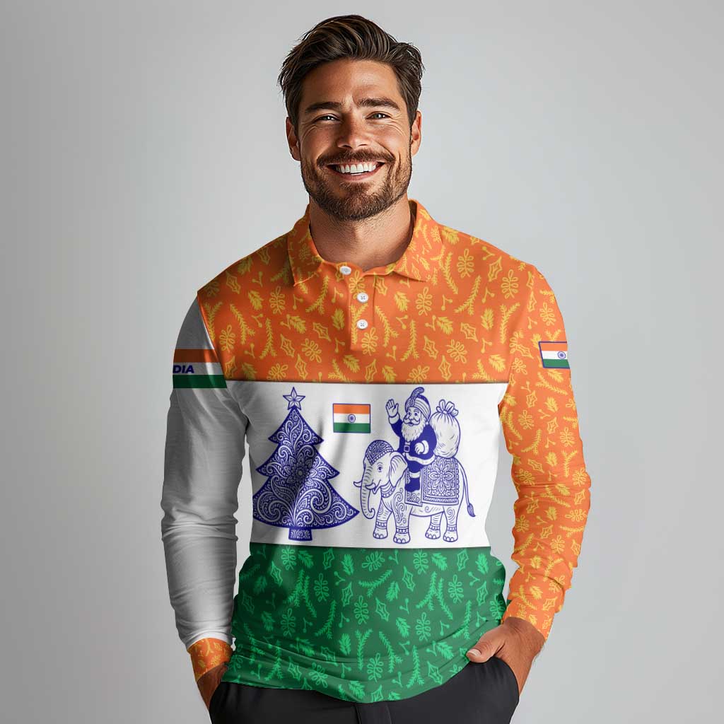 India Christmas Long Sleeve Polo Shirt with Elephant Santa Tree Design and Tricolor Holiday Pattern - Wonder Print Shop