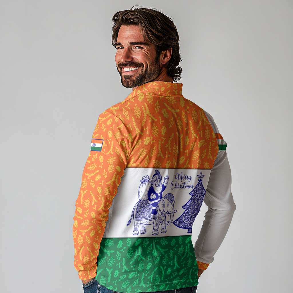 India Christmas Long Sleeve Polo Shirt with Elephant Santa Tree Design and Tricolor Holiday Pattern - Wonder Print Shop