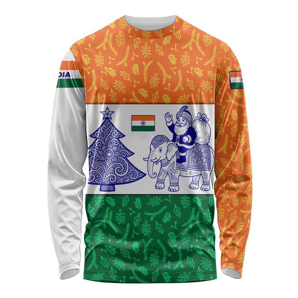 India Christmas Long Sleeve Shirt with Elephant Santa Tree Design and Tricolor Holiday Pattern - Wonder Print Shop