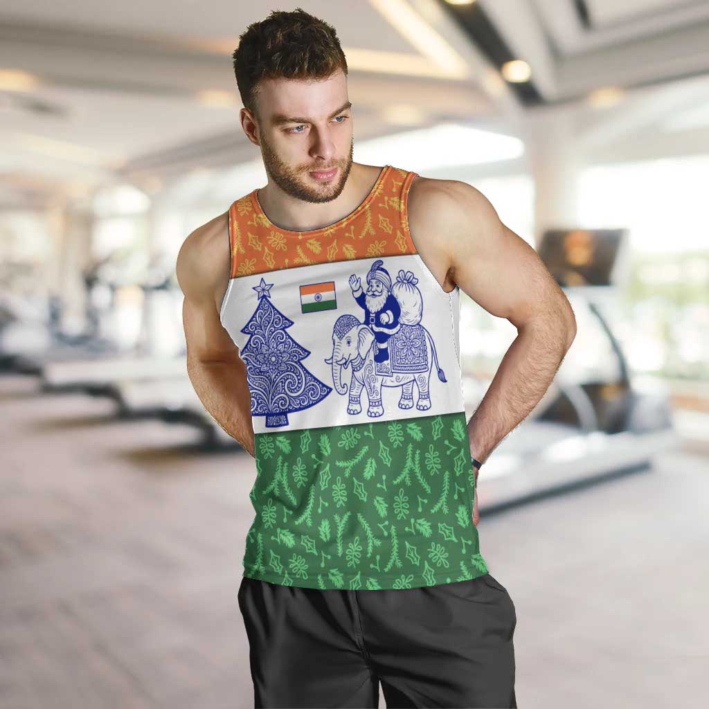 India Christmas Men Tank Top with Elephant Santa Tree Design and Tricolor Holiday Pattern - Wonder Print Shop