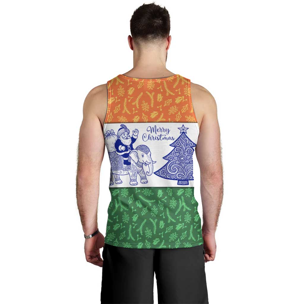 India Christmas Men Tank Top with Elephant Santa Tree Design and Tricolor Holiday Pattern - Wonder Print Shop