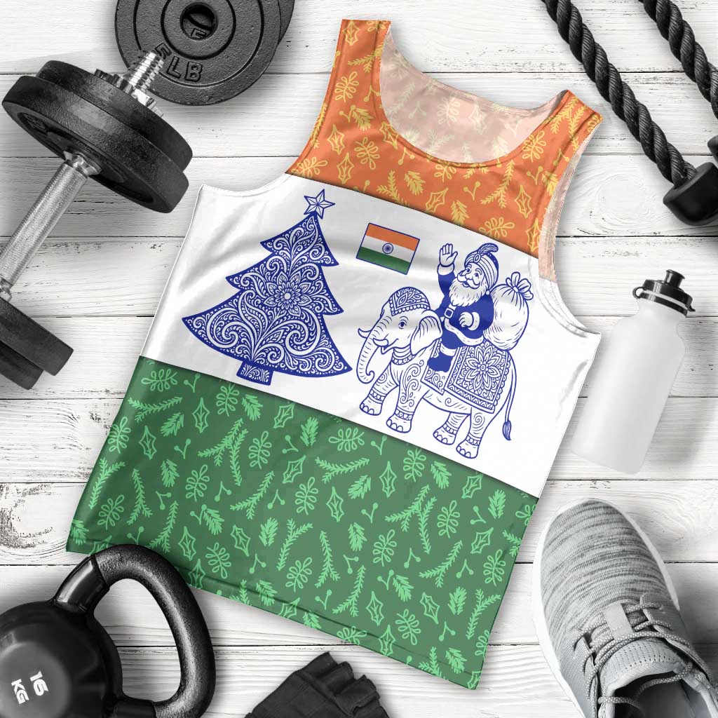 India Christmas Men Tank Top with Elephant Santa Tree Design and Tricolor Holiday Pattern - Wonder Print Shop